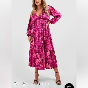 Boohoo Pink Floral Midi Dress